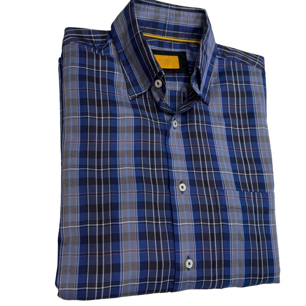 ROBERT TALBOTT CARMEL Blue Plaid 100% COTTON Button Down Casual Shirt Sz M NWOT